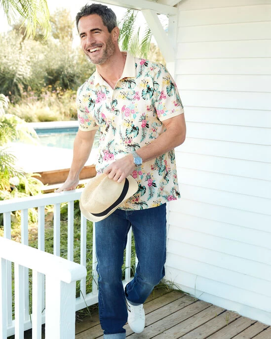 Short Sleeve Printed Polo Shirt Cream - Image 3