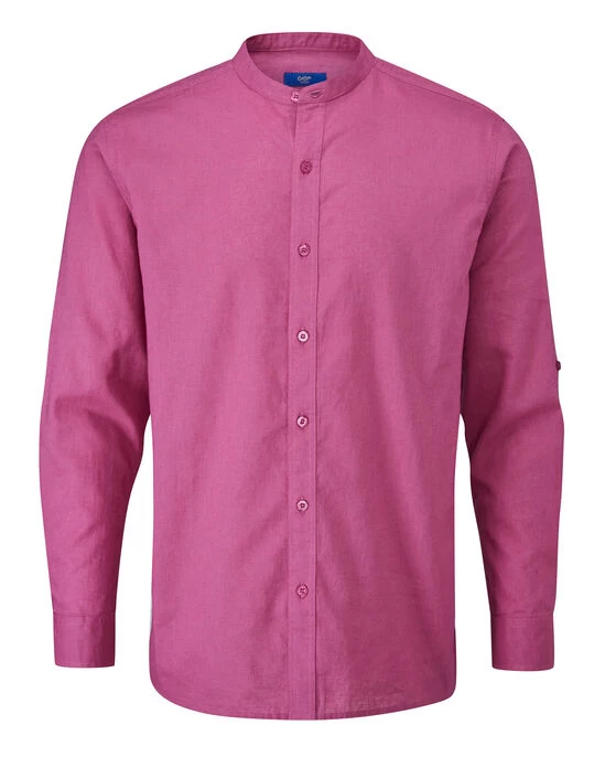 Long Sleeve Linen-Blend Grandad Shirt Deep Rose