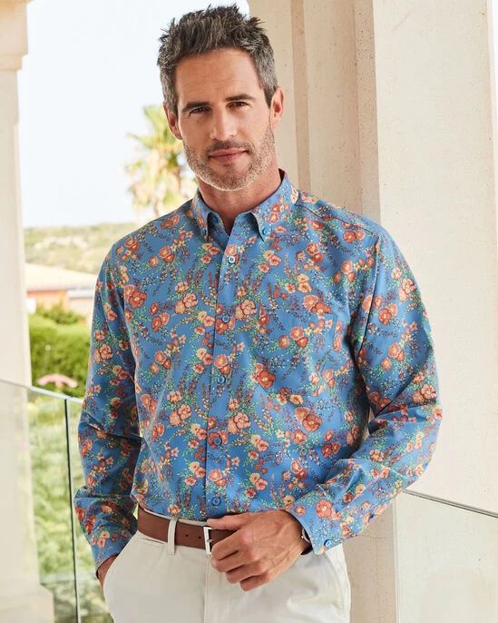 Long Sleeve Soft Touch Print Shirt Mid Blue