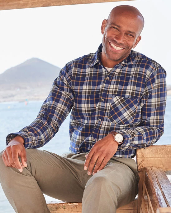 Long Sleeve Cotton Twill Check Shirt Midnight - Image 3