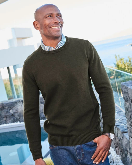 Crew Neck Mock Shirt Jumper Dark Moss - Image 2