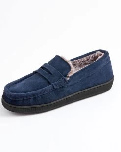 Suede Memory Foam Moccasin Slippers Navy