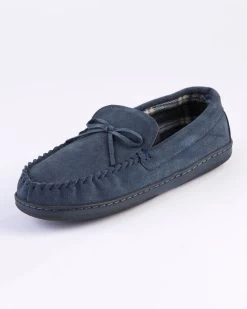 Suede Check Lined Moccasin Slippers Navy