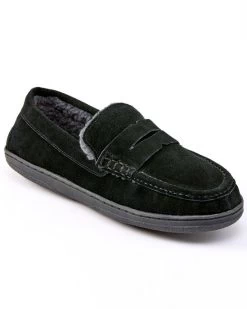 Suede Memory Foam Sherpa-Lined Moccasin Slippers Black