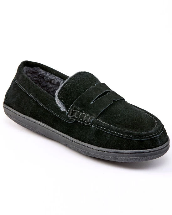 Suede Memory Foam Sherpa-Lined Moccasin Slippers Black