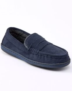 Suede Memory Foam Sherpa-Lined Moccasin Slippers Navy
