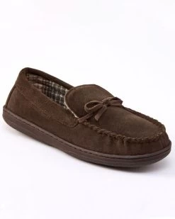 Suede Check-Lined Moccasin Slippers Brown