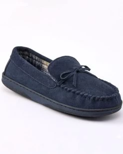 Suede Check-Lined Moccasin Slippers Navy
